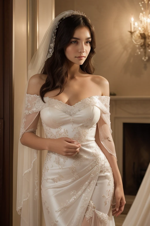 Naked Bride." shape, Big Breasts, Beautiful nipples, Perfect body, whole body , Church wedding,  (((There were many participants behind her..))).  (((white transparent wedding dress, Cape, Veil, Transparent Micro Panties, Transparent Micro Bra, Fishnet tights.))) . Thick pubic hair. ,(Highest quality, 4K, 8k, High resolution, Tabletop:1.2), Very detailed, (Realistic, Realistic, Photorealistic:1.37), Royal, Enchanting, (Vibrant colors, Sharp Chest:1.1), Soft lighting"Writhing expression. The most beautiful woman in town.