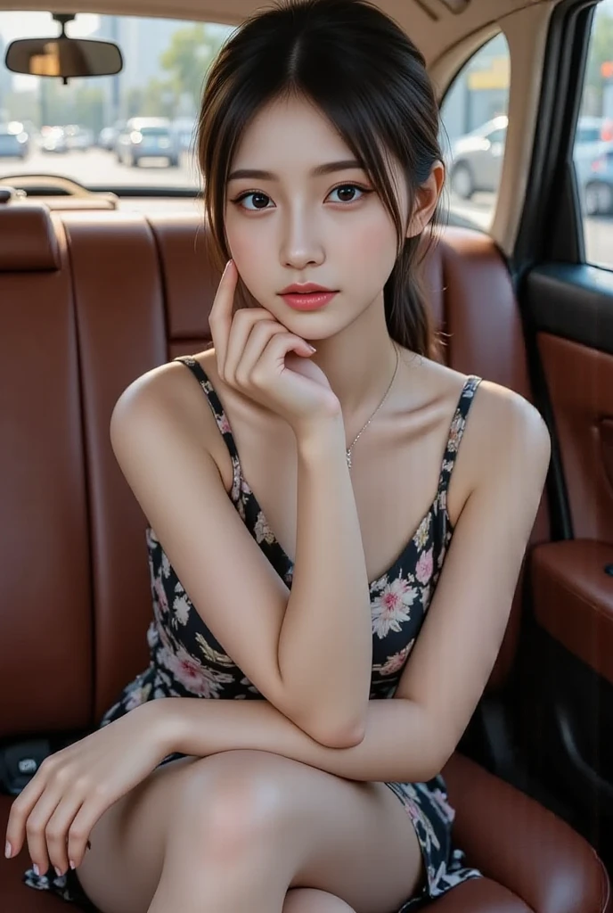 (((best quality))),(((ultra detailed))),(((masterpiece))),illustration,((1 beautiful girl,female driver,solo)),((sitting on the seat)),((in the car)),((slim,thin)),((small breasts,flat chest)),parked,roadside,vibrant,(strapless floral sheer bra:1.3),graceful,(short ponytail:1.2),delicate,features,eyes,focused,ahead,calm,concentration,classic,convertible,evening,breeze,caress,adjusted,,frame,confident,steering wheel,maneuver,control,world,setting,sun,warm,glow,illuminate,sky,canvas,match,road,stretch,explore,possibilities,background,town,life,evening,shops,opening,doors,people,strolling,cool,air,atmosphere,peaceful,serene,contrast,chaos,city,independence,societal,norms,constraints,destiny,embrace,challenges,symbol,strength,resilience,spirit,summer,((from front,close-up of face))