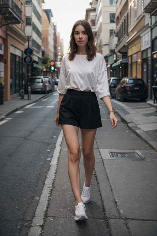 ((Mejor calidad)), ((Obra maestra)), (detallado), cara perfecta, dressed woman walking through cobblestone streets, stone streets, sexy women, well dressed, sneakers, realistic, great detail