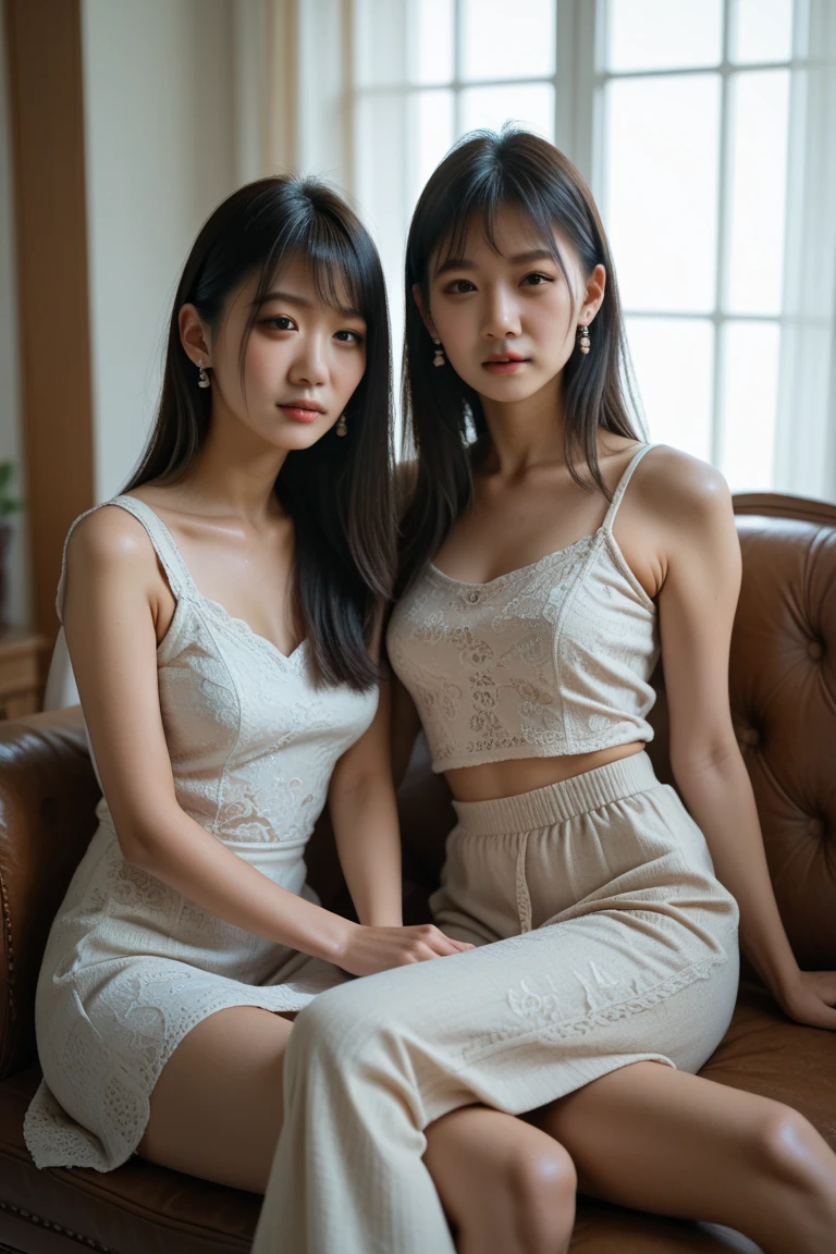 (Two boys in uniforms lying on the bed and touching each other's crotches:1.9), wearing cute uniforms, 16 year old boy, Bedroom illuminated by the morning sun, masterpiece, (bulge in crotch:1.9), (flat chest:1.9), (Boyish breasts:1.9), cute bra, (In panties:1.5), morning erection, (erection:1.9), long hair, light makeup, (big bulging crotch:1.9), (thin chest:1.9), mini skirt