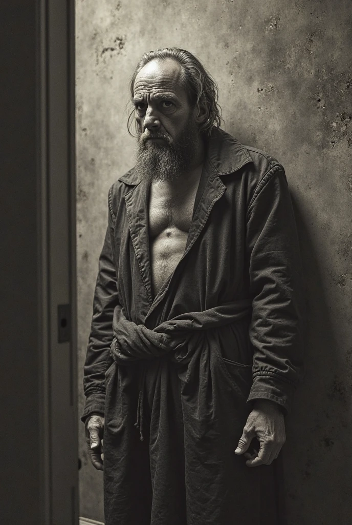 Vagrant, emaciated man and drug addict, he is dressed only in long pants that are too big for him and he is barefoot, he is working in a coal mine and he is all dirty. The homeless man is quite thin and skinny. Basura en el suelo. Calvo