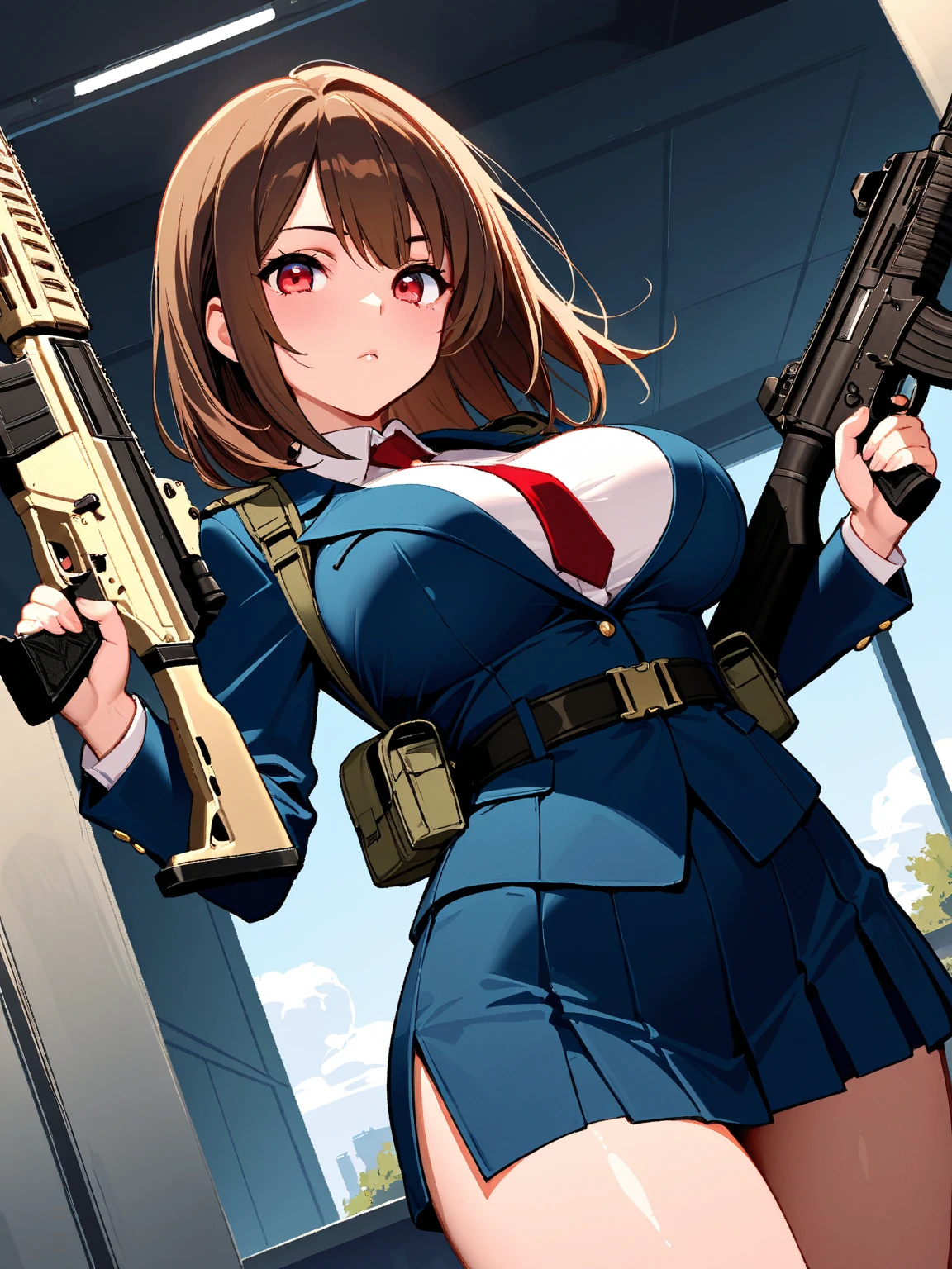 masterpiece、highest quality、Ultra-high resolution、Maximum resolution、Very detailed、Professional Lighting、anime、woman、thin、so beautiful、Sexy Suit、Mini tight skirt、Garter Stockings、High heels,Has an assault rifle、Grey Eyes、Brown Hair、long hair、Fingerless Gloves、Beautiful eyes、Pink Lips、Gloss Lip、Alone on the battlefield、A spectacular attack