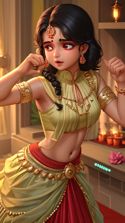 Imagine an AI-generated scene of an anime princess in a vibrant Indian saree, confidently addressing her people with a sense of unity and purpose. Convey her charisma and the cultural significance of her attire.