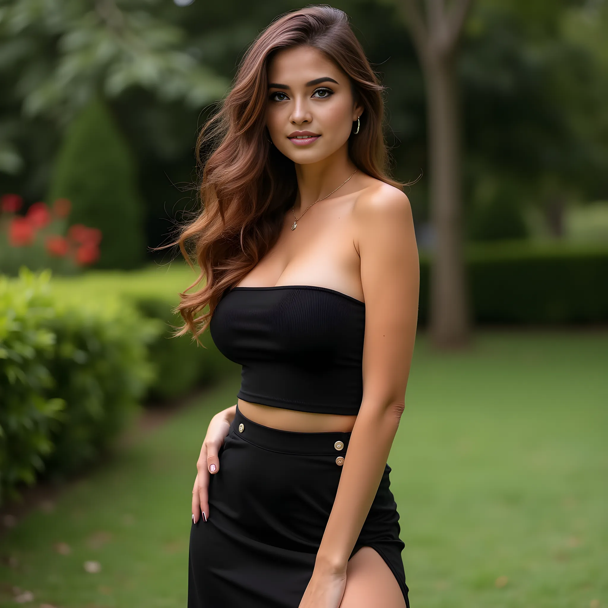 A 21-year-old girl with extremely high quality, realistic features is wearing a maroon long full dress at a park in Kuala Lumpur. She is holding her bag in her arm, with long curls of dark brown hair cascading around her shoulders, blending seamlessly. natural-looking makeup, and should be looking directly at the camera. The image is hyper-realistic, hyper-detailed, and photorealistic, with detailed hands.