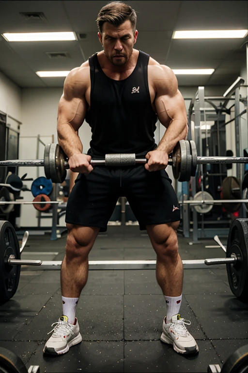 A standing bodybuilder showing his huge thights in a gym ambient