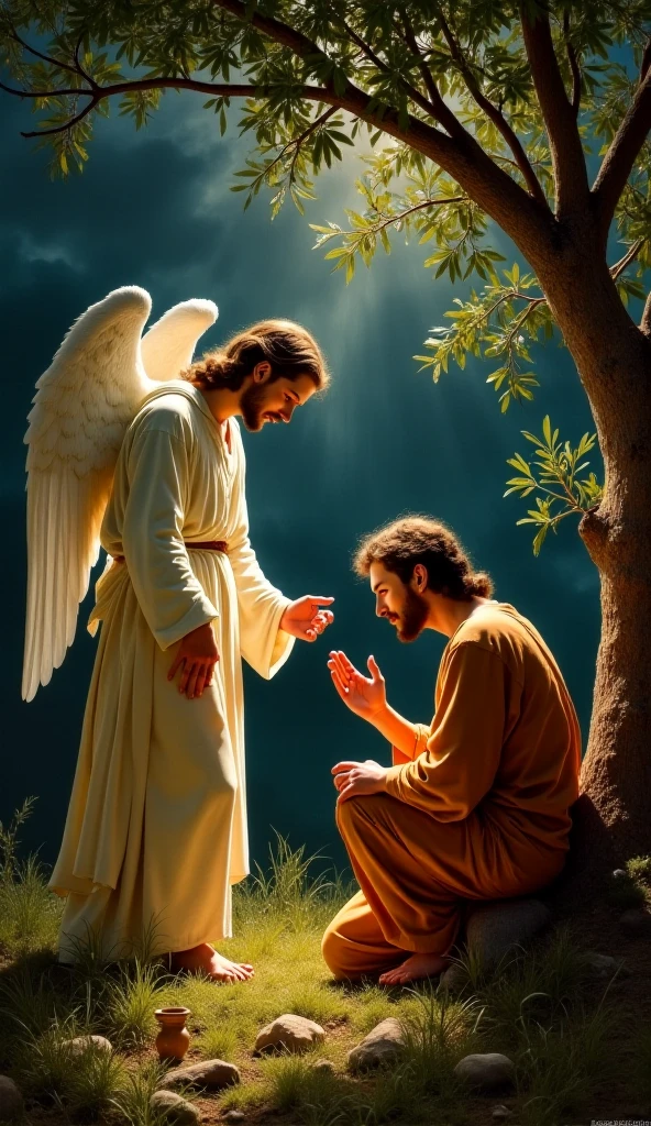 oil-painting, angel Gabriel announcing to Joseph the birth of Jesus, breathtaking masterpiece, Vivid, ornado, Caravaggio, 8k