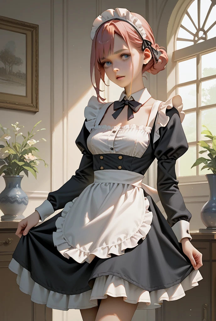 (absurdres, highres, ultra detailed)((16 year old male with short white hair, blue eyes, wearing eyeglasses, wearing a sexy black maid outfit, short skirt), crossdressing, blushing male, embarrassed expression, (background: warm lighting from windows, cafe)