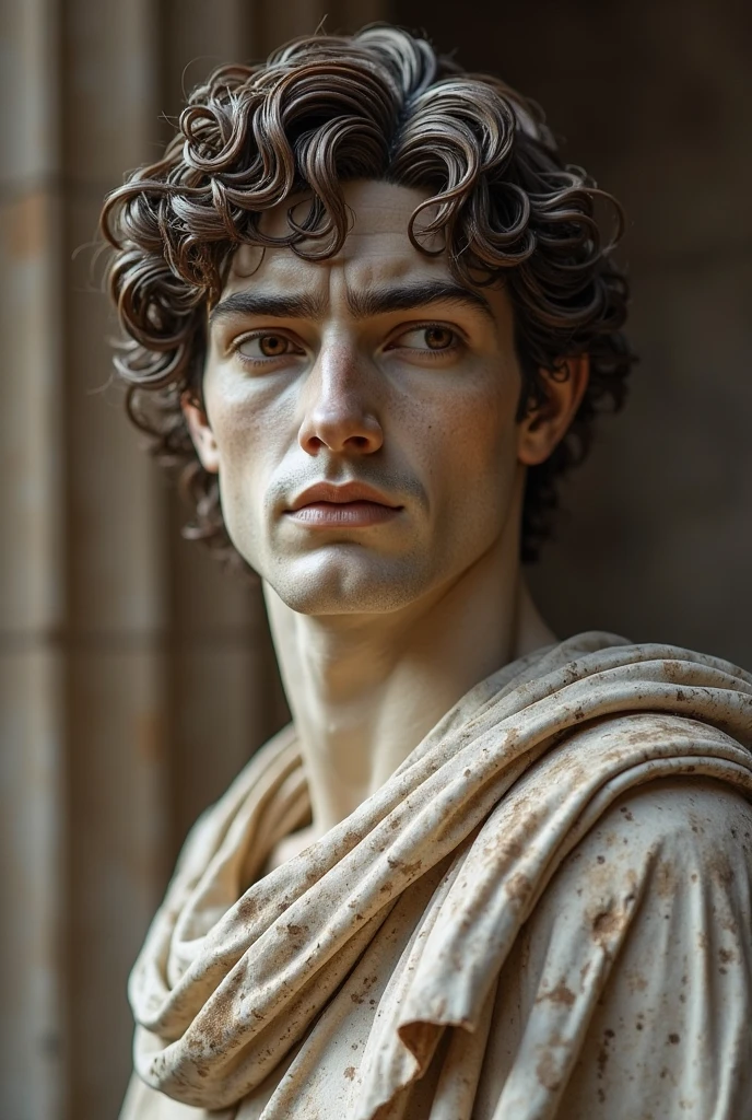 create a dark brown straight hair boy, thin nose light brown eyes ager in a roman statue