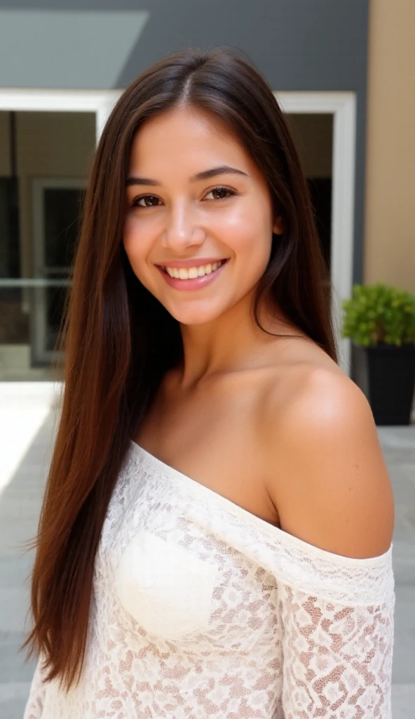 A 25 year old female model, with long, wavy light brown hair, with tanned skin and green eyes, smiling naturally. He is posing outdoors, in a park during sunset, with golden light. The model wears a white summer dress, with lace details, that enhances your figure. The image should show a blurred background of trees and flowers, highlighting the beauty of the model. The image quality must be ultra-realistic, with meticulous attention to details in the skin texture, the shine of the eyes and the natural movement of the hair. The model's expression must convey warmth and naturalness. Lighting should highlight the contours of the face and body softly and evenly.. The photographic style should imitate that of a high-end DSLR camera, with sharp focus on the model and soft bokeh in the background.