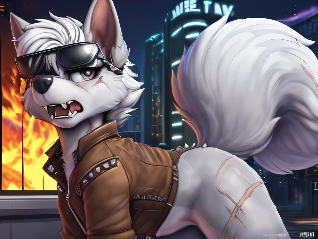 Gasket, ((Paw Patrol)), ((female solo)), domestic dog, female, adult female, brown eyes, (((gray fur)), ((gray body)), (wearing brown leather jacket:1.25), (wearing spike wristband:1.25), (feral:2.25) (quadruped:2.25), (hair over eyes:1.25), (white hair:1.25), ((sharp teeths)), ((large fangs)), gray eyes, (Shiny eyes:1.6), ((Pixar eyes)), perfect eyes, ((glowing eyes)), (hyper realistic:1.65), long fluffy tail, very large tail, tail up, very furry and fluffy, ((very large fangs)), perfect ligthing, (Cyberpunk city background:1.25), (building at fire at background:1.65), (back side view:1.45), looking at Viewer, ((seductive break)), ((spread legs)), spread legs, (rajii:1.1) (dimwitdog:1.1), (thesecretcave:1.25), (cooliehigh:1.1), (miles-df:1.1), (complextree:1.1), (pixelsketcher:1.1), (foxovh:1.1), (zaush:1.1), (avante92:0.70), (meesh:1.1), (inu-sama:0.80), (cervina7:1.1), (F-R95:0.70), (R-mk:1.1), (xpray:1.1), (standing tall:1.65), (large fluffy tail:1.65), (close up to face:1.25), (pissed off expression:1.45), (scars all over her body:1.65), (wearing sunglasses over head:1.45)