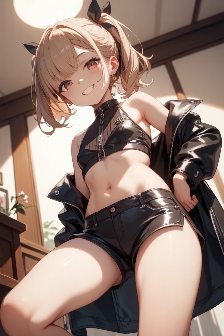 Cheerful female college student、smile、Look at the direction、Thick eyebrows、Droopy eyes、black髪、short hair、Fur jacket(black)、hot pants(gray)、boots with buckles(Brown)、(Flat Brown)、((Luxury lace underwear))、Butt Up Angle、Spread your buttocks with both hands。The inside of the anus is visible,The female genitalia is open and you can see inside,Hairy,Squat,Spread your legs,