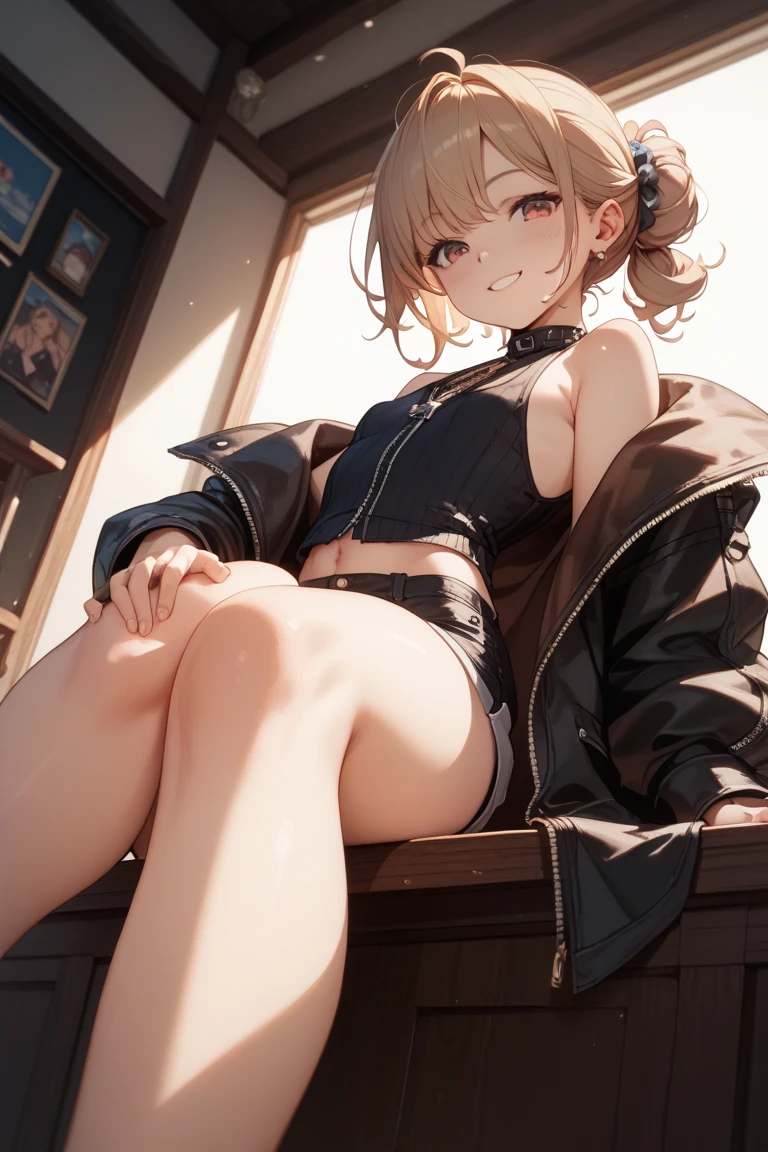 score_9,score_8_superior,score_7_superior,One girl,sole, barefoot,Feet Focus,View your viewers,Sitting,Sweat, A woman wearing a leather jacket has a cool look