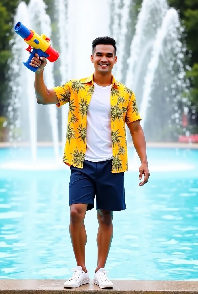 male, medium hair cut with shades of blue and black, no shirt, swimming trunks, wearing a spear, with a standing posture, realistic, ultra detail