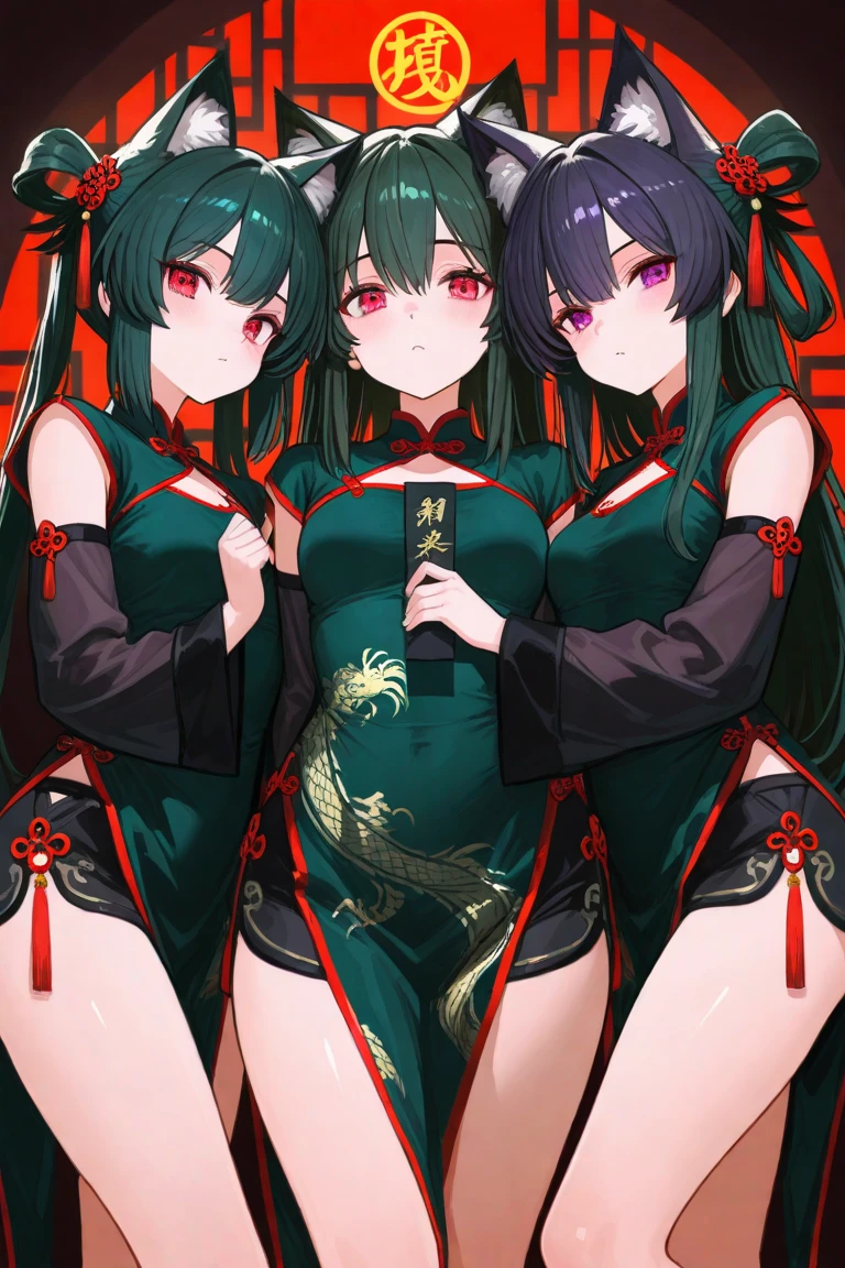 (Best Quality、masutepiece)、1 Women、plump body、Erotic、Fold your hands behind your head 、Red Long Cheongsam、side slits、Colossal breasts、Big ass、shinny skin、Double bun、Green eyes、Green hair、short-hair、thighs thighs thighs thighs
