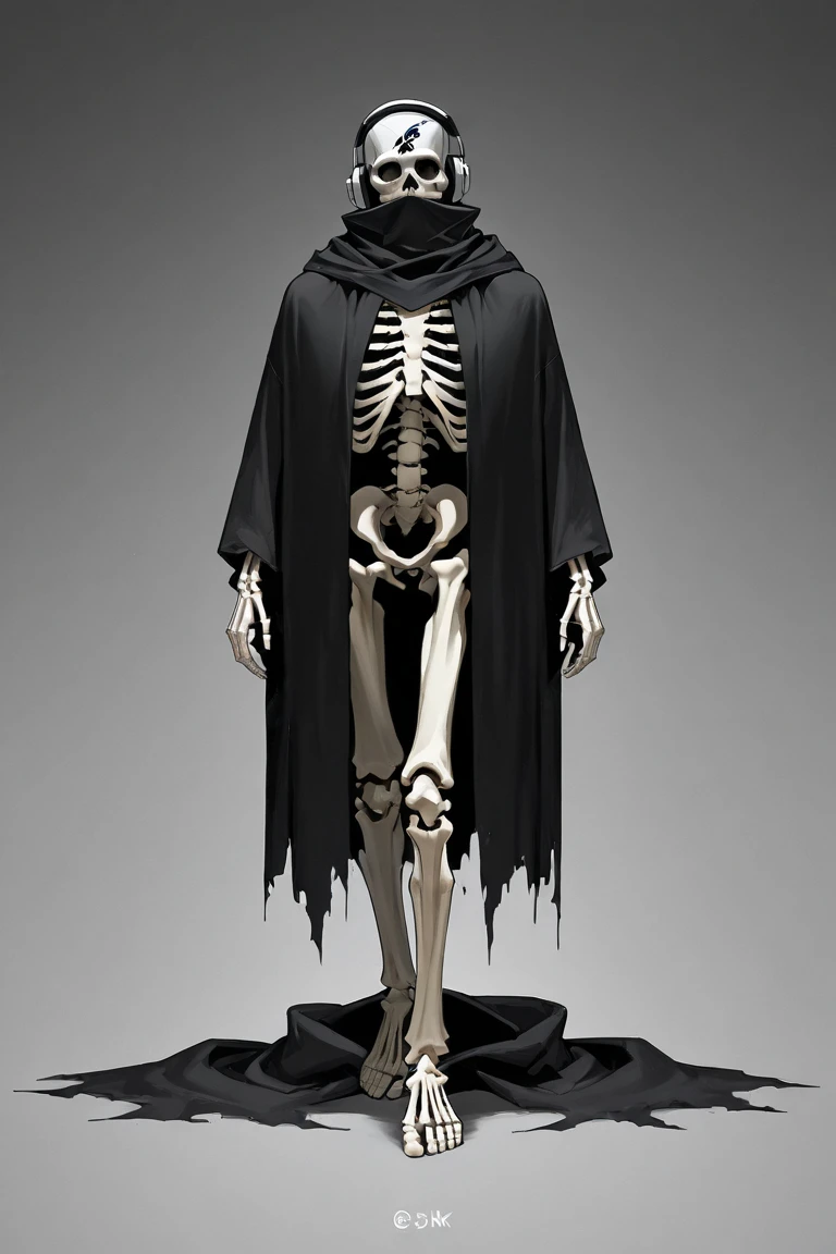 Man dressed in black with a skull head and cowboy hat with everything visible from his legs to his hat 
