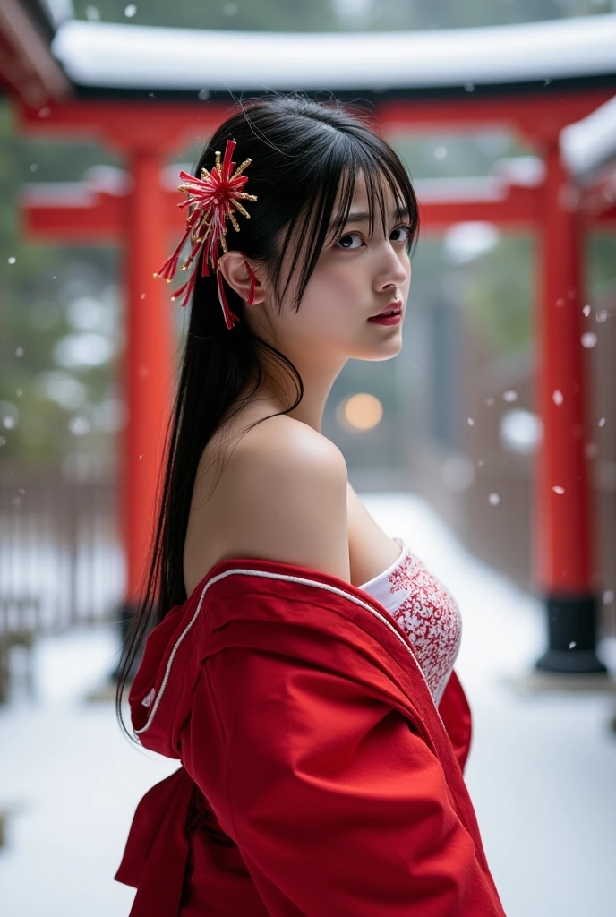 1 Fashion Model [[[[close up]]]], [[[[neck]]]], [[[[Shoulder]]]], (((Complete head)))，(((Complete hairstyle)))，Perfect eyes, Perfect Iris，Perfect lips，Perfect Teeth，Perfect skin，White skin，Soft headlights，High-density imaging，Black long hair，（Clean and delicate face），((Red fur winter hanfu))，((full-body shot))，((The background is a snowy scene))，((winter))，((Various dynamic poses))，((The background is a snowy scene))，best quality，masterpiece，（Soft colors：1.2）