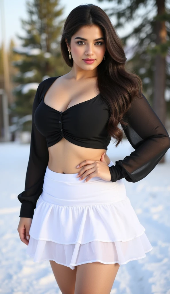srabanti chatterjee Indian beautiful curvy actress plus size hourglass figure voluminous woman, Close view of the camera, Wearing SHEIN Tween Girls Colorful Knit Crop Top with Round Neck and Mesh Swimsuit Set, different style hairstyle, glare eyes, tthin eyebrows, skin fair, blush cheeks, perfect view from head to toe, full body view, snowy forest: A winter wonderland with snow-covered trees, paths, and immaculate beauty. smilling face, Bblack hair, Brazilian guy, perfect clear skin tone, Ultra realistic skin texture