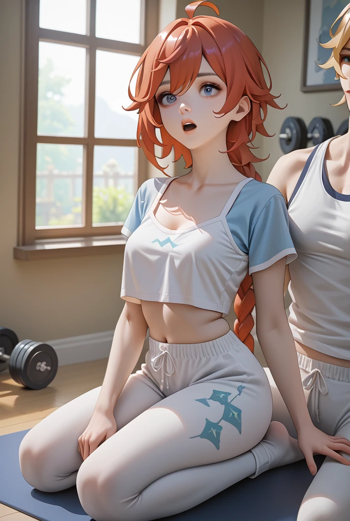 Hot, sexy, fit girl (hyperrealistic), (illustration), (high resolution), (8k), (extremely detailed), (best illustration), (beautiful detailed eyes), (best quality), (ultra -detailed), (masterpiece), (wallpaper), (Detailed face), alone, 1 girl, redhead, heterochromic blue eyes, small spots under eyes, yoga transparent pants, big boobs, legs long and muscular, muscular abs, dynamic pose