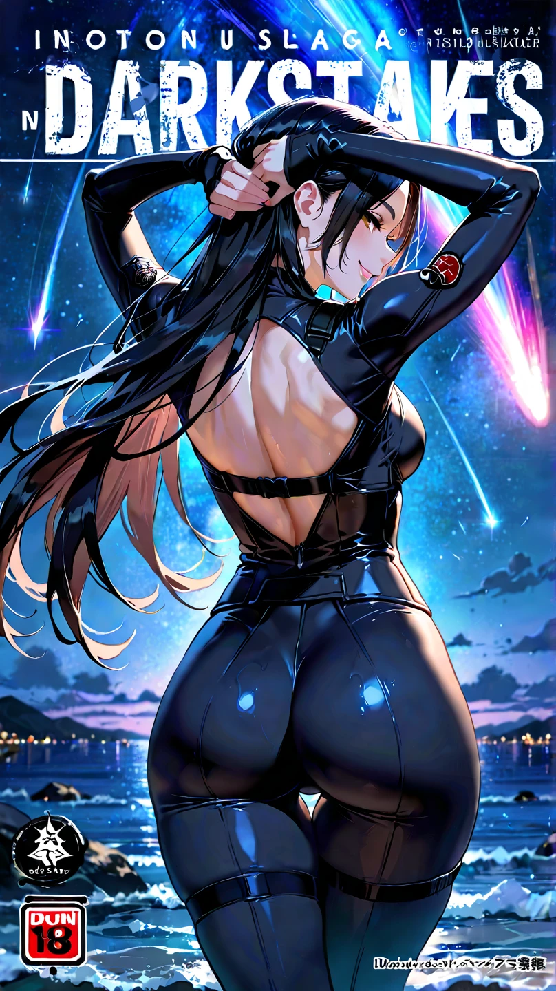 highest quality Highest quality Draw a face carefully High-definition anime-style face Big Breasts Big Butt Plump thighs Super Glowing Skin Long black hair Black full body suit with gold lines Dark brown color pantyhose Succubus lure smile Back view Rear view