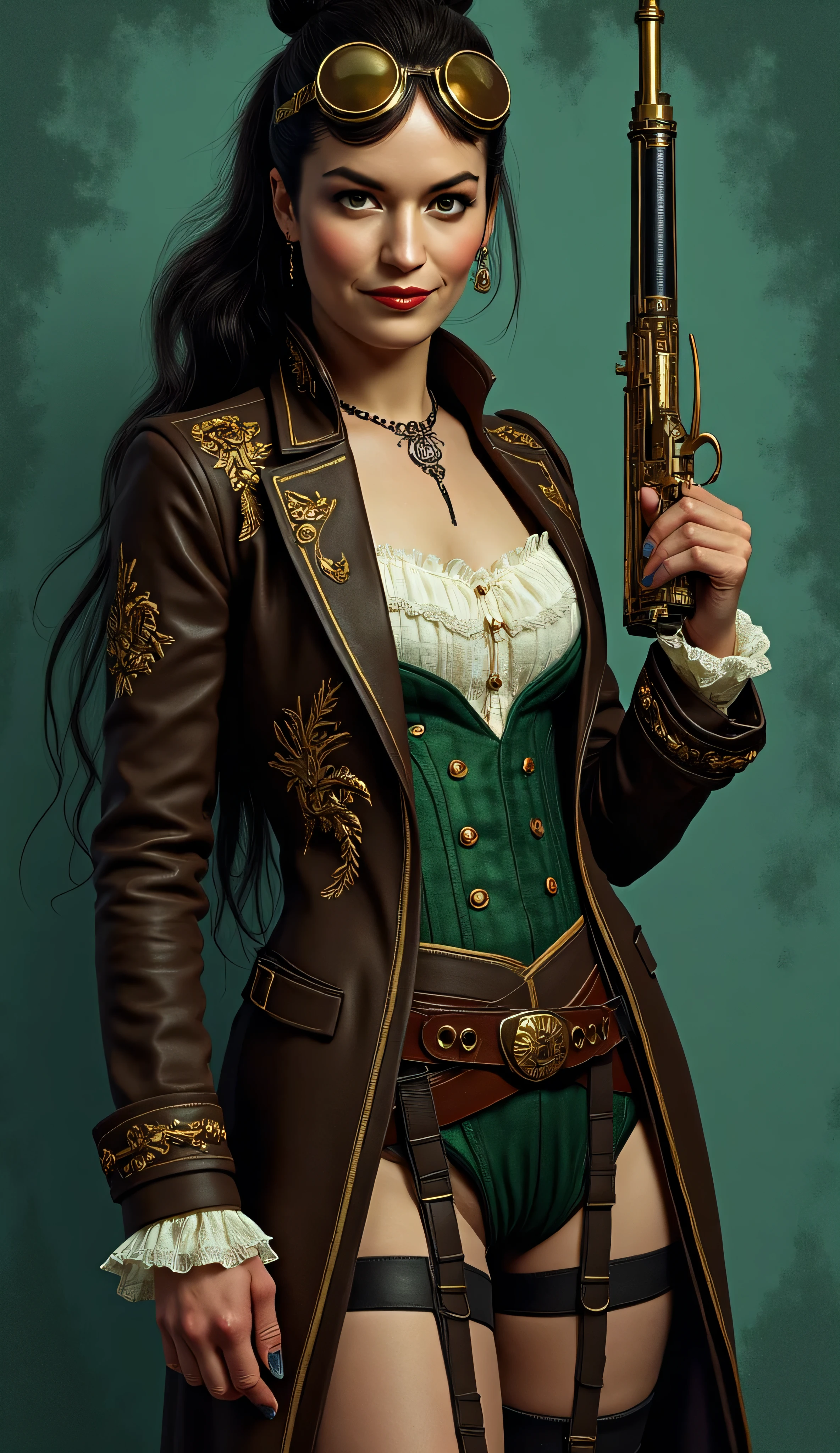 Britt Lower as Lady Mechanika, fierce and elegant steampunk warrior, gothic aesthetics, dark flowing hair tied back, brass steampunk goggles resting on forehead, piercing eyes, confident smirk, wears fitted dark brown tailcoat with gold embroidery and intricate Victorian-style designs, underneath a green corset accentuates figure, complemented by a white ruffled blouse, wide leather belt with ornate golden buckles, holsters secures her waist, holding decorated flintlock pistol with intricate engravings, carries unique steampunk-inspired rifle with brass and gold details, resting confidently on her shoulder, legs are clad in black-and-white striped stockings, theatrical elegance, aged teal texture, soft vignette, fantasy steampunk atmosphere, semi-realistic art style, comic book influences, rich details, dramatic shading