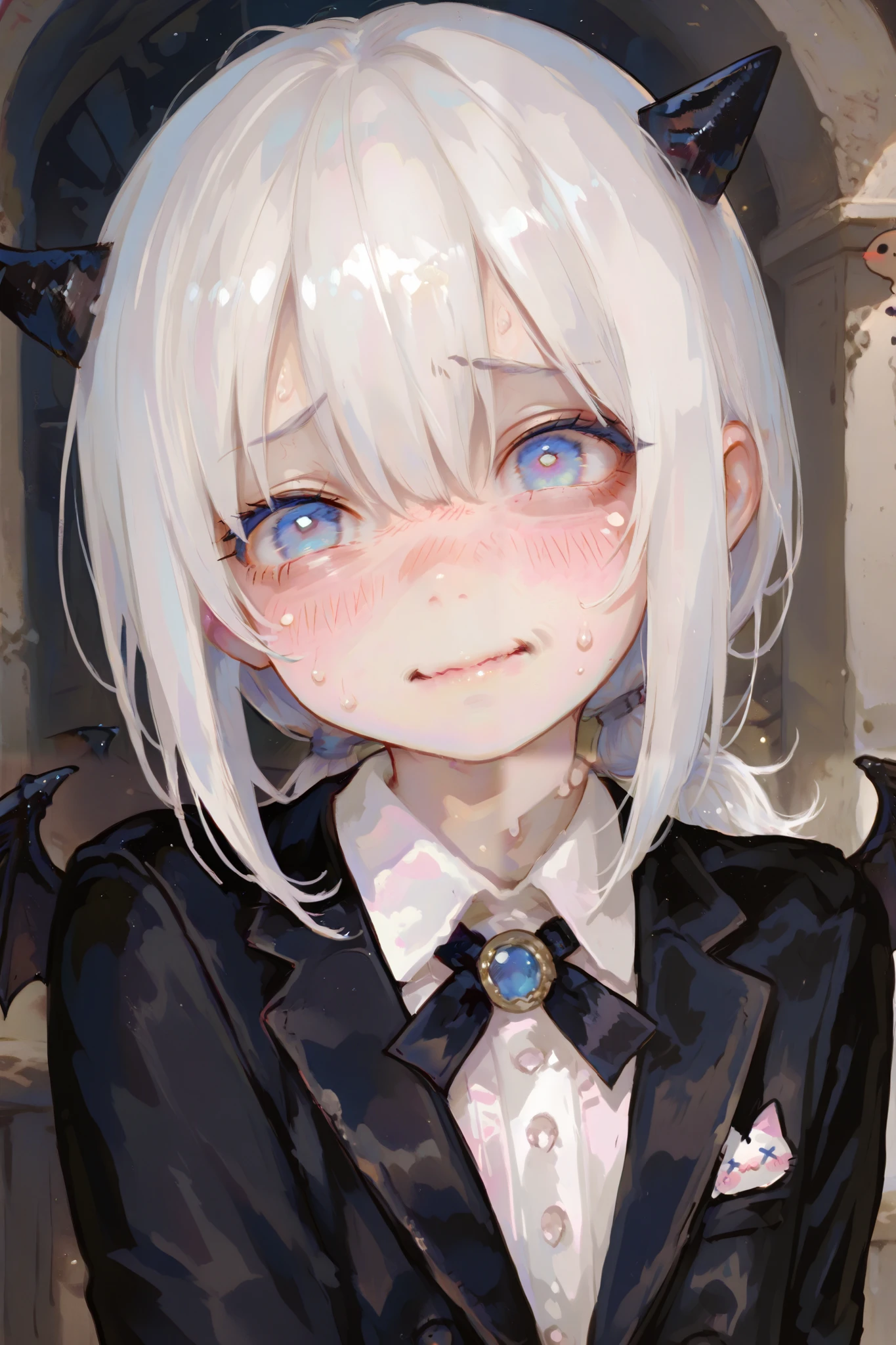 masterpiece, best quality, Detailed Eyes, boy, fantasy, kawaii, coward, blue eye, low ponytail white hair, younger brother, young face, clumsy, cute face, girly face, semi realistic, 8k, black suit, nervous face, embarrassed, black devil wings, black tiny devil horns, solo charactor