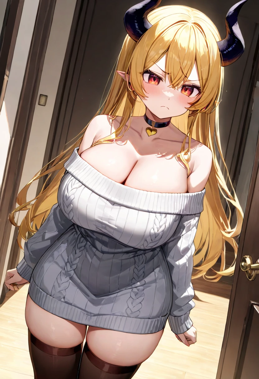 1girl,solo,Mature Women,blonde hair color,long hair,Her hair is tucked back,grey eyes,slanted eyes,super huge breasts,slender,black knit long sleeves,Steam comes out of the body,breath,feather shawl,amorous glance,side of face,looking at viewer,near,standing up,house,in room