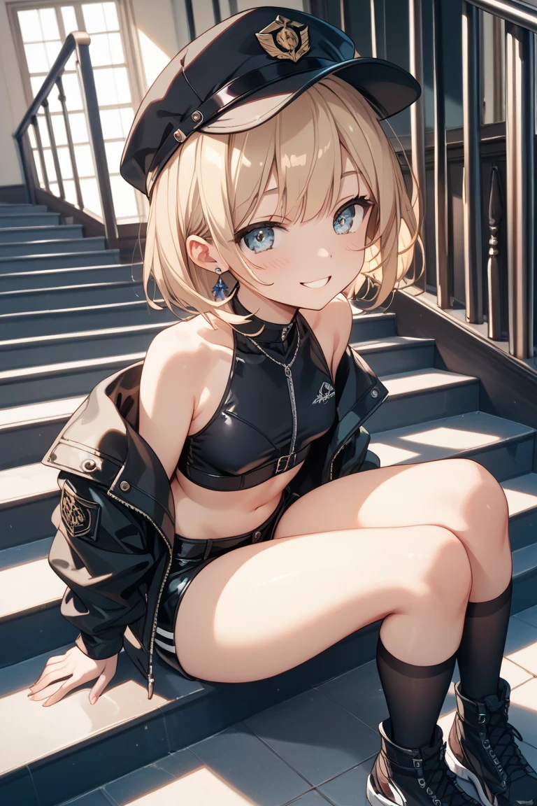 (Thynasha:1.2),dark blue hair,very long hair, purple eyes,(beautiful detailed eyes:1.0), extremely detailed face, perfect lighting, hair between eyes,bangs, (black beret, black jacket, open clothes, cleavage, midriff, black medium skirts, black thighhighs, thigh strap, fingerless gloves, single glove:1.2), Photo,sharpness,(((Beautiful woman with left leg restrained by chains))),black suspenders,Bulging big,breasts,walls: Black ,Appearance,Beautiful girl with accentuated slender abs: 1.1,six-pack abs: 1.2, Bust Botox,Standing on tiptoe, long legs,Long brown hair fluttering in the wind,Brown hair, Long hair, Female Warrior Costume,(No panties,No bra),(tacticul battle fashion,elbow and knee tacticul battle fashion, battle glove: 1.1),((cute batre costume)),The belly comes out and the navel is visible,Thin sheer costume, combat gloves,shredded costumes, long combat boots with golden knee pads,Anatomical,(futuristic sci-fi battle fashion, new elbow and knee pads, new combat boots),(tied perfectly by iron chain:1.3), Restraint, Slave, collars, contempt, (Chained), 4 chains hung from heaven, Metallic shackles and fetters, wet crotch clearly visible,((Hands are restrained above the head)), the neck is chained,Chain from left knee to heaven,Chained by rusty iron chains,((the tip is protruding, areolas protruding,The shape of the pubic harearea is clearly visible:0.9)),Sweating,Wet,Wet crotch,Wet thighs,Junkyard, Realistic, (cute, perfect clothes, skimpy clothes, cute: 1.3) ,Vast miritary base in us,((wide mirtary hospital with summer sunlight)), peeling ceilings, Rebar between, Realistic material details, Extreme details, Ultra-realistic materials,narrow waist,(with sparkling eyes and a contagious smile:0.9),looking at viewer,