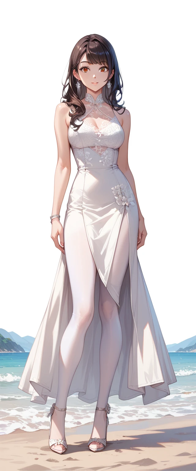 Positive girl, 20 years old, , Serious yet gentle expression, She is wearing a dress, A long white skirt，The middle is a blue-purple skirt，White skirt on both sides, And blue and purple shiny high heels, detailed