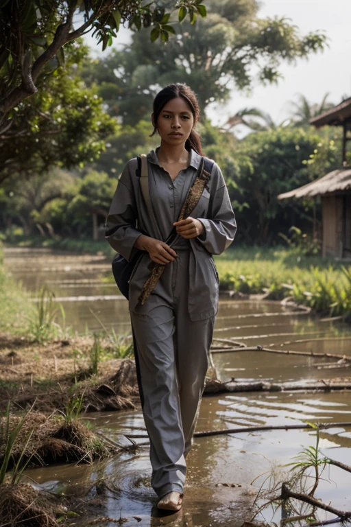 1girl, beautiful detailed asian girl, young, vietcong, military, communist, southeast asia, vietnam, 1970s, skinny, thick detailed thighs, busty chest, closed shirt, collared shirt, rolled sleeves, oversized full old cloth shirt, old loose flared wool pants, sweaty clothes, loose clothes, buttoned clothes, dirty clothes, uniform, chinese wool military cap, paddy field, jungle, impoverished, messy thick luscious hair, long ponytail, detailed face, penetrating eyes, beautiful detailed lips, extremely detailed skin, detailed clothing, (best quality,4k,8k,highres,masterpiece:1.2),ultra-detailed,(realistic,photorealistic,photo-realistic:1.37), natural lighting, warm color tones, cinematic composition, thicc, natural, natural lashes, no makeup, glistening sweat
