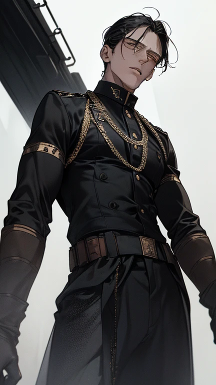 Tall guy, short white hair, Yellow eyes, Mask on the eyes, turquoise body armor, Sleeveless, Gold Chains, tattoos on arms, Black pants, ciberpunk, hiquality