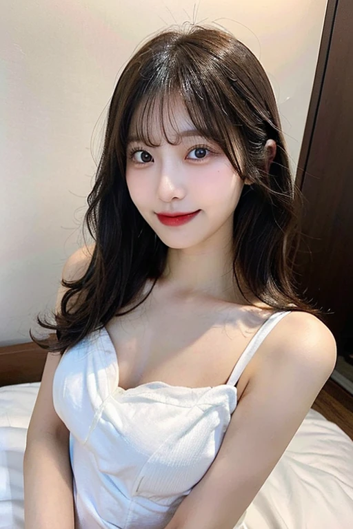 nsfw、Big Tits、double eyelid、Highest quality, shape, Very detailed, Fine details, High resolution, 8k, Perfect dynamic composition, Beautiful details, ,Natural color lip, A shy smile,Beautiful 20 year old woman、The only person, Correct posture、Cute type、Looking into the camera、Long Black Hair、Wear a large white shirt over your naked body、bedroom