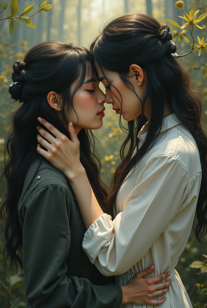 ( masterpiece, top quality, best quality,8k,17 years old girl,ultra detailed,raw photo:1.5),(photorealistic:1.4), (cinematic lighting), PerfectNwsjMajic, , Surrealism, UHD, ccurate, Super detail, textured skin, High detail, Best quality, dynamic angle, White skin,[Beautiful blue eyes], high nose,[flat chest:large breasts:0.5],(two girls is deeply in love with each other, kiss),(good anatomy:0.5)), Dreamy atmosphere, Dark,expressive brush strokes, mystical ambiance, Artistic interpretation, Stunning Studio Ghibli style costumes, a whimsical illustration, Subtle colors and tones, mystical aura, jewelry ,sparkling, long airy hair , 