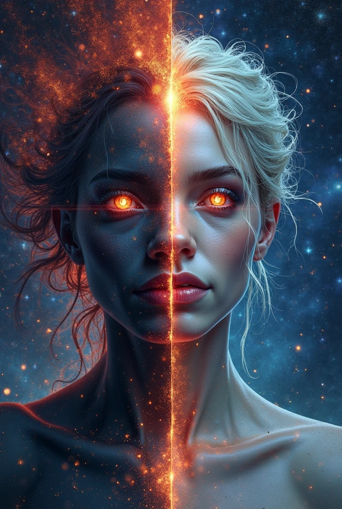 Best resolution, 2heads, young woman korean, white hair, glowing eyes, different faces,  upset, lipstick, lightning, storm background