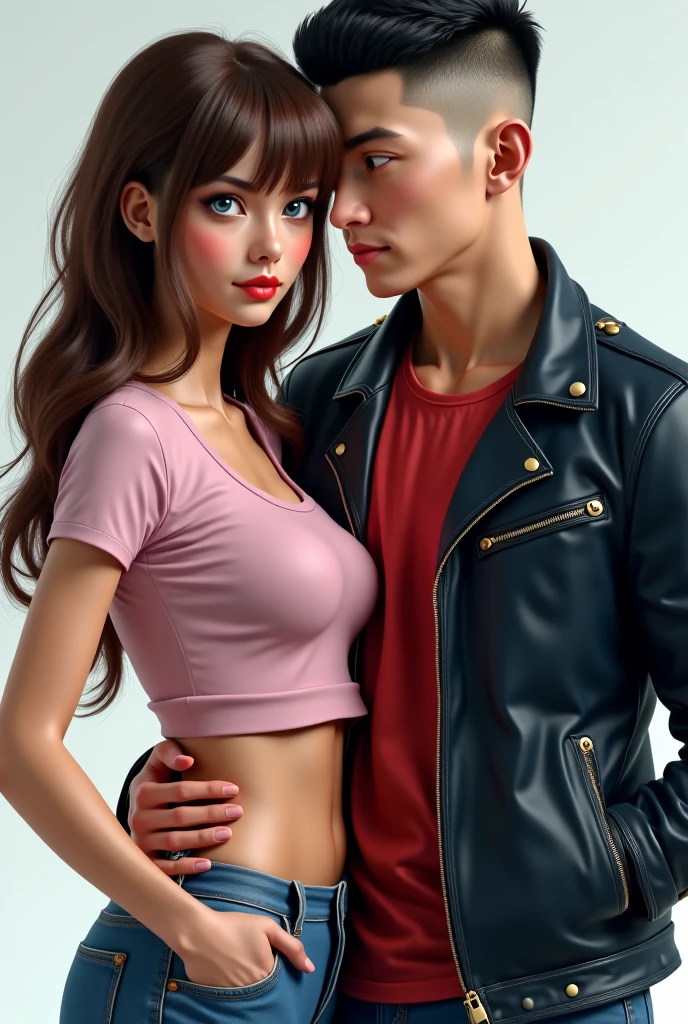 Asian girl, realistic, age 27, meduim hair, portrait, black hair, blonde highlight, Bare shoulders, Full body, off shoulders, Sweaters, big tits, red tank top, crop top, blue jeans shorts, black jacket, midriff, breast grabbed by man