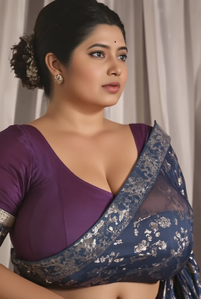 Make it real, realistic, velamma aunty, deep navel, curvy body, magenta sari, purple blouse, long black hair, wondering in park, big breasts,