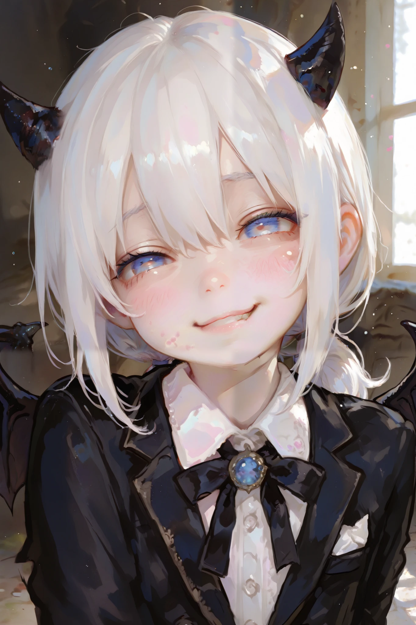masterpiece, best quality, Detailed Eyes, boy, fantasy, kawaii, coward, blue eye, low ponytail white hair, younger brother, young face, clumsy, cute face, girly face, semi realistic, 8k, black suit, smile, black devil wings, black tiny devil horns, solo charactor, naughty