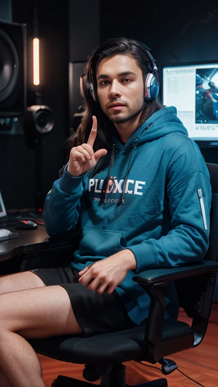 a man with long straight hair, no beard in his room with a computer in the background, sitting on a gaming chair, with a gaming headset and with a full bag in his hand