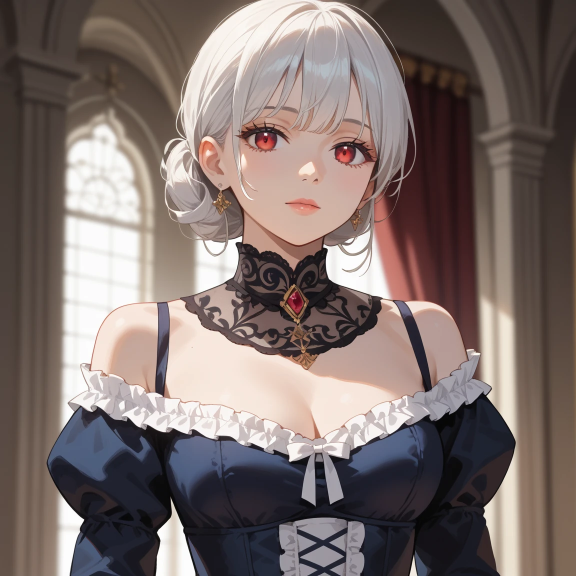 (Anime Moe Style)),((game CG)),(masterpiece),(highest quality), (Very detailed),shape,((Very delicate and beautiful)), ,Embarrassed expression,Watching the audience,(((18 years old female)),((whole body)),Detailed face and eyes,Intense eyes like jewels,(Short Bob),,,(Super huge breasts,Long and saggy breasts,) Voluptuous body Silver hair, black eyes A long-sleeved, long-skirted dress made of gorgeous lace. A lace dress that fits perfectly to the body. Gorgeous black and red lace fabric. Princess line with gold thread. Sleeveless. Veil on the head. Gorgeous lace fabric. Zanshin.