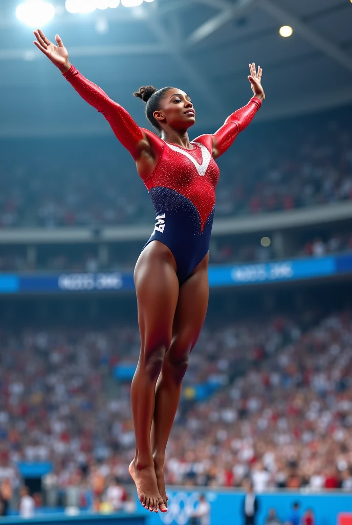 high quality, detailed, intricate, photorealistic, hyper-realistic, 8K, sharp focus, vibrant colors, beautiful lighting, dramatic composition, Simone Biles, female athlete, gymnast, athletic physique, muscular, toned, graceful pose, dynamic movement, confident expression, Paris cityscape, Olympic stadium, sports event, dramatic shadows, warm golden hour lighting