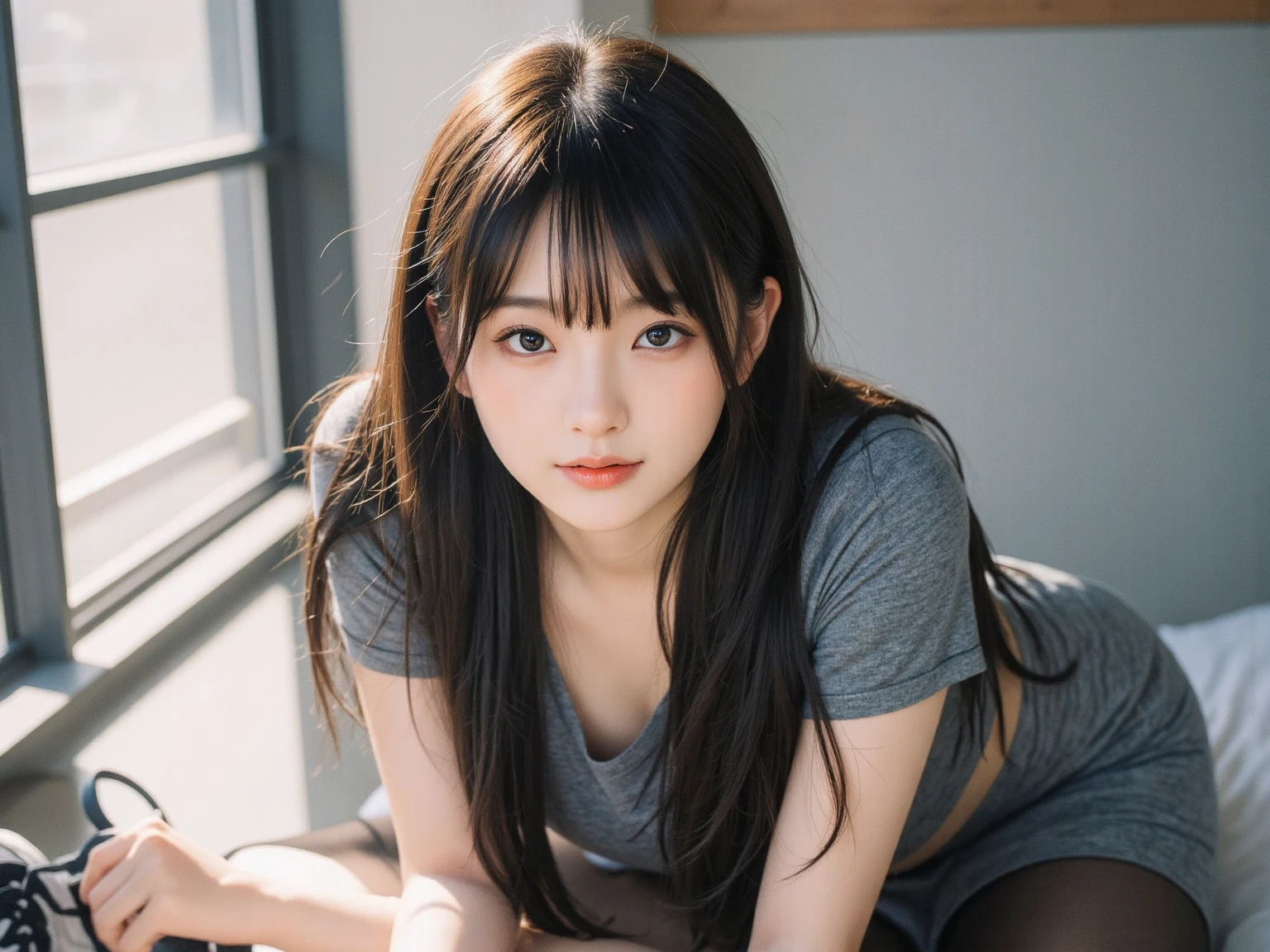 Best-quality, Masterpiece, Ultra-High-Resolution, (Photorealistic:1.4), Raw-Photo, 128K, depth of field, professional lighting, perfect anatomy, extremely details, 1girl, 15-years-old, the most famous Japanese idol, at living room, hands on cheeks, relaxing on sofa, (((Intoxicated, ecstatic))), ((extremely cute face like the most popular Japanese idol, ((extremely cute and extremely big eyes)), extremely beautiful hair)), extremely beautiful skins, extremely cute lips, extremely cute long-eyelashes, looking at viewer