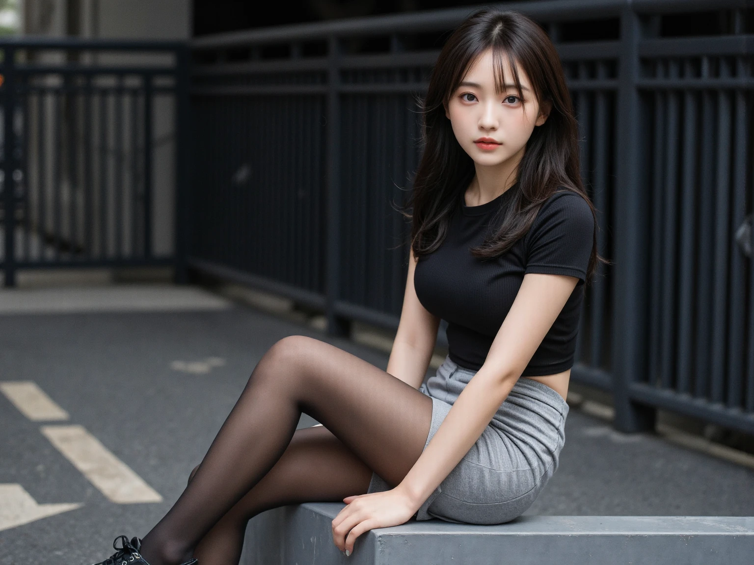 Professional female legs wearing black stockings,Thin,Slender,Sexy attire,Shoulder-length hair,Intellectual Beauty,Exquisite facial features,whole body,Street Photography ((best quality)), ((masterpiece)), (detailed), Perfect face