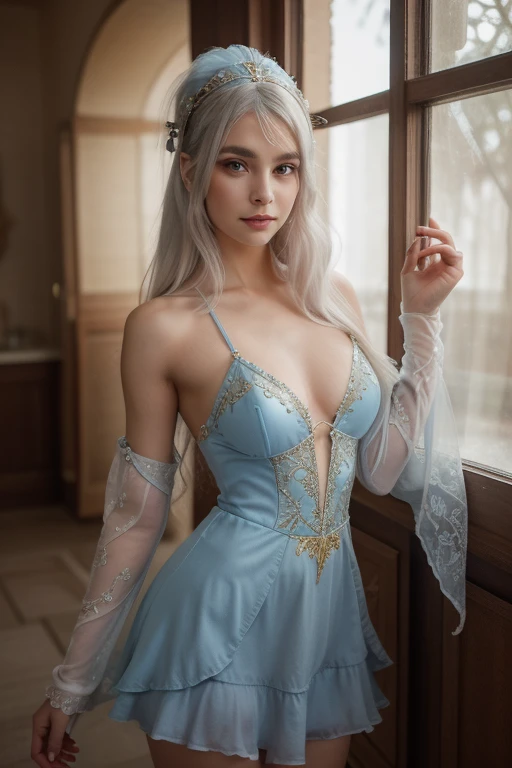 Here’s a character design for the female character:

**Name**: Seraphine Gaze

**Appearance**: Seraphine Gaze is an enchanting beauty with long, flowing blonde hair that cascades down her back in soft waves. Her piercing blue eyes are as clear as the sky, exuding a mysterious and captivating aura. Her features are delicate yet striking, with an air of elegance and grace.

**Outfit**: Seraphine's style is ethereal and sophisticated, often wearing flowing dresses in shades of white, silver, or pale blue that complement her serene and otherworldly presence. She accessorizes with ornate jewelry, all of which have an eye motif. She wears a pendant shaped like a single eye on a delicate silver chain around her neck, along with matching earrings and a bracelet, each adorned with intricate, eye-shaped designs. The jewelry appears almost magical, giving off a faint glow that draws the attention of anyone nearby.

**Powers and Abilities**: Seraphine possesses a unique power linked to her eye-themed jewelry. She has the ability to see into the future or the past through her eye-shaped accessories, allowing her to gain crucial insights and foresee potential threats. This ability makes her an invaluable ally, capable of guiding her team or herself away from danger. Additionally, she can create illusions to deceive her enemies, making them see what she wants them to see.

**Personality**: Seraphine is calm, wise, and often reserved, preferring to observe rather than act impulsively. Her foresight has taught her the value of patience, and she always approaches situations with a strategic mind. While she may appear distant at times, she is deeply caring and protective of those she holds dear. Her serene demeanor hides a formidable will, and she won’t hesitate to use her powers to safeguard her loved ones.

Would you like to see a visual representation of Seraphine Gaze?