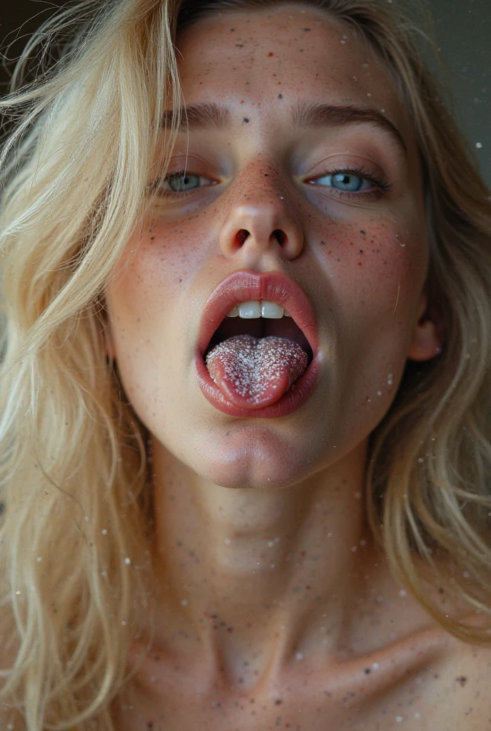 girl, face covered by cum, redhead curly hair, ((ahegao)), wet boobs t-shirt,