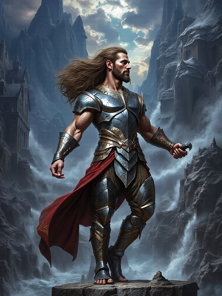 Tyr, the Norse god of war and justice, physically perfect body, muscular body frame,( full body shot)masterpiece artTyr, the Norse god of war and justice, standing tall and proud, his weathered face etched with wisdom and determination, piercing blue eyes surveying the battlefield, one hand missing, the other gripping a mighty sword, clad in ornate armor adorned with runes and symbols of his divine power, a majestic cape flowing behind him, surrounded by a stormy, awe-inspiring landscape of towering mountains, swirling clouds, and crashing waves, the embodiment of strength, honor, and unwavering resolve, a masterpiece of photorealistic, ultra-detailed, 8K digital art