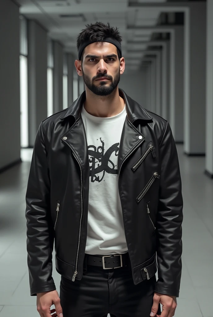 "Transform the image of a young man with dark skin, short hair and glasses in a version that looks like John Wick. He must be wearing an elegant navy blue slim fit suit, with a white shirt underneath and a black tie. Add black dress shoes to complement the look. Style your hair to look more social , similar to John Wick style. Add a short, well-groomed beard. Remove the glasses to create a look closer to John Wick. Posture should be confident and upright, with a serious and focused facial expression."
