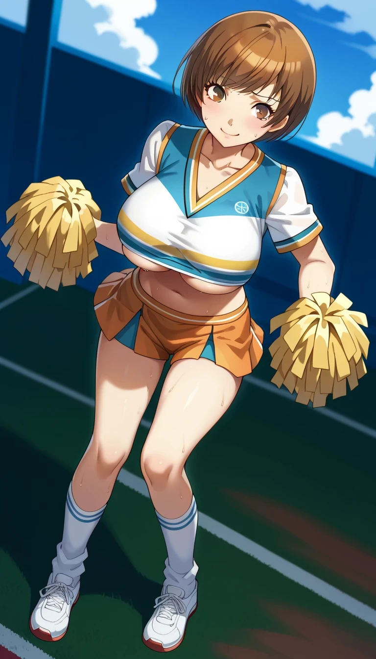 score_9, score_8_up, source_anime 1 girl, solo, cute face, p4chie, satonaka chie, short hair, brown hair upcheerleader outfit is a crop top paired with shorts or a skirt, The crop top may have long or short sleeves and features a colorful design or a pattern that matches the team's colors, exposed midriff, modern cheerleading outfit, shorts or skirt made of a lightweight stretchy polyester or spandex t flexibility, The shorts high-waisted, skirt flared A-line shape or have pleats, white athletic shoes or cheerleading shoes knee-high socks or leg warmers colors) gigantic breasts,show underboobs,shy,embressed,sweat,dynamic angle,cute smile