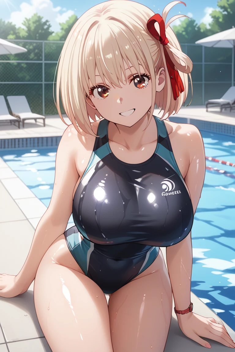 anime、Beautiful pink eyes、Light Blonde Shorthair、Glasses、Belly button piercing、, Glossy with oil々Skin、水に濡れてSee-through T-shirt、See-through T-shirt、bikini、Shiny thighs,、Narrow waist、Firm big breasts、panty lift.cute、Kneeling、Love juice drips、smile、Indoor Pool