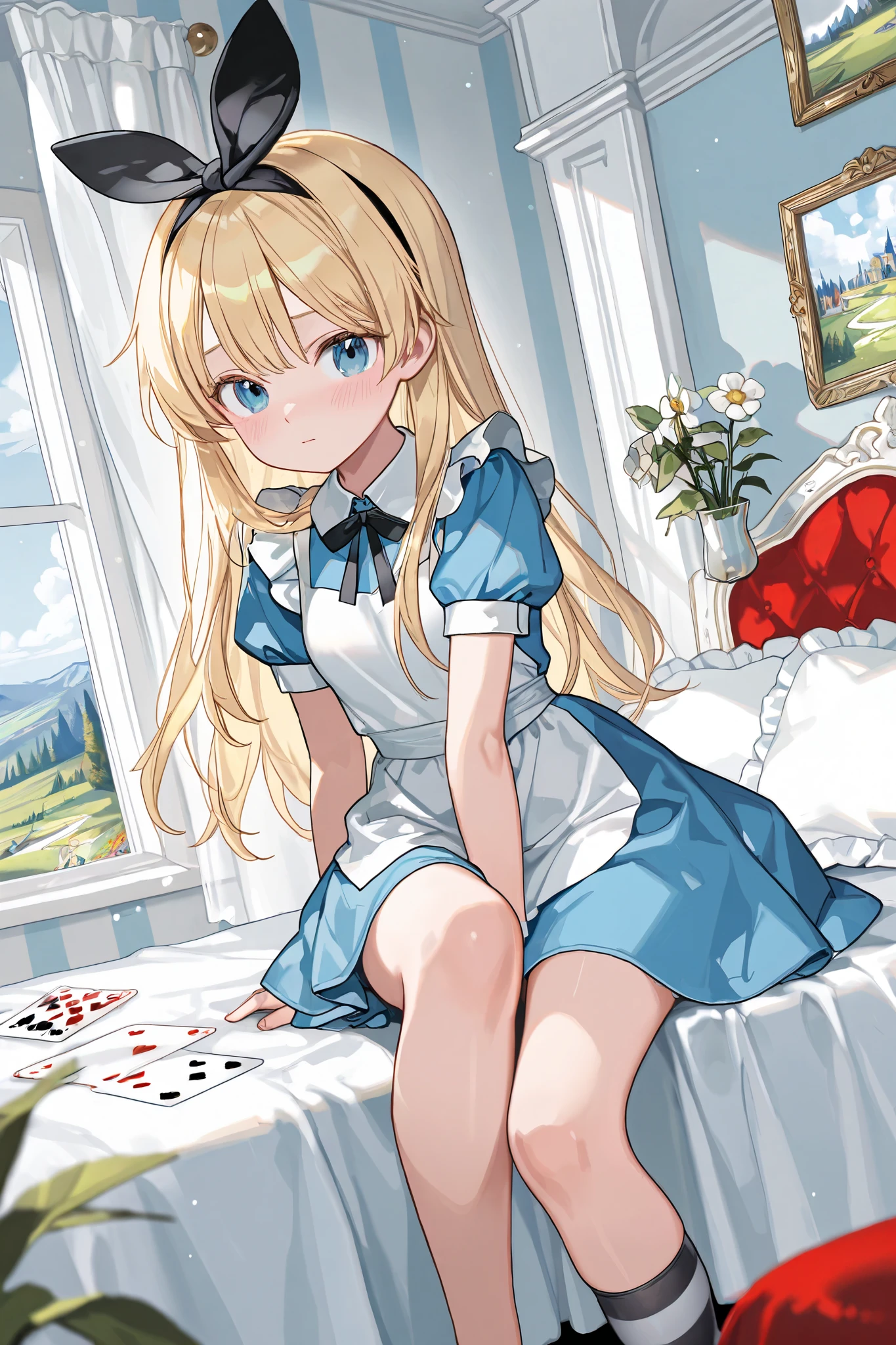 1girl, solo, long hair, blue eyes, blonde hair, crown, sitting, pantyhose, dress, bow, card, apron, hairband, playing card, looking at viewer, short sleeves, hair bow, blue hairband, smile, blush, hand on own face, blue dress, alice (alice in wonderland), hair between eyes, chair, black pantyhose, blue bow, throne, puffy sleeves, hand on own cheek, bangs, puffy short sleeves, ribbon, very long hair, mini crown, feet out of frame, frills, white apron, :q, masterpiece, best quality,