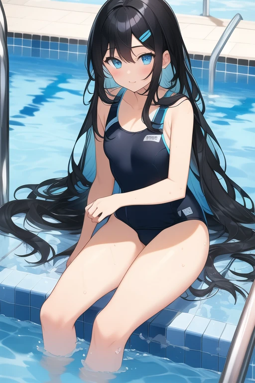 black long hair, hair bangs covers left eye, blue eyes, girl, flat chest, slim body, thick thighs, in bedroom, cute smile, innocent, teenager,big booty, wearing school swimsuit, in a pool