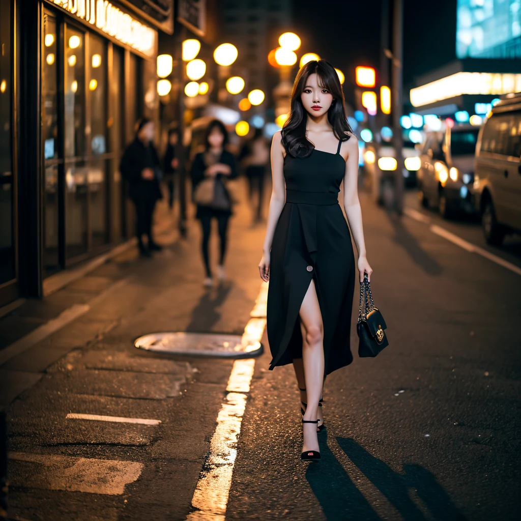 best quality ,masterpiece,ultra high res,(photo realistic:1.4), 1 girl, face the front, Wearing casual black dress, jananese famous actress, very beautiful,kawaii, Cinematic, 35mm lens, f/ 1. 8, accent lighting,at street of TOKYO ,noon,Highly Detailed Face and Skin Texture, Fine Eyes, Double Eyelids, Whitening Skin
